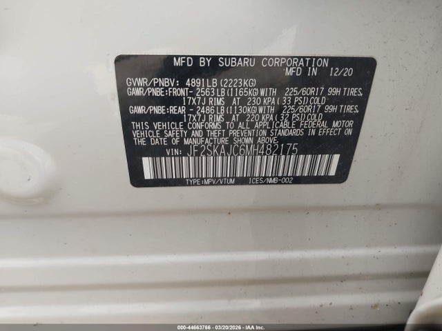44663766 :رقم المزاد ، JF2SKAJC6MH482175 vin ، 2021 Subaru Forester Premium مزاد بيع