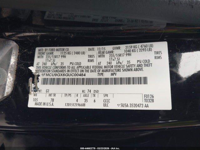 1FMCU9GX6GUC00484 Ford ESCAPE SE