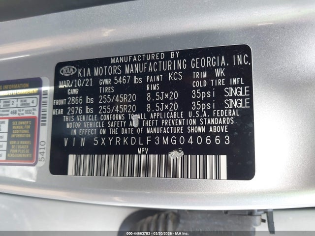 Продаж на аукціоні авто 2021 Kia Sorento Sx Prestige, vin: 5XYRKDLF3MG040663, номер лоту: 44663783