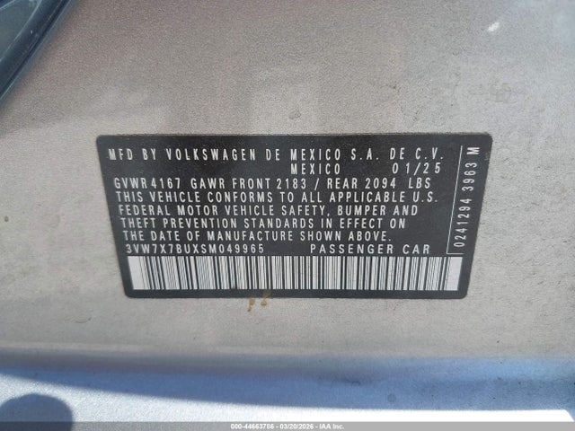 44663786 :رقم المزاد ، 3VW7X7BUXSM049965 vin ، 2025 Volkswagen Jetta 1.5t Se مزاد بيع