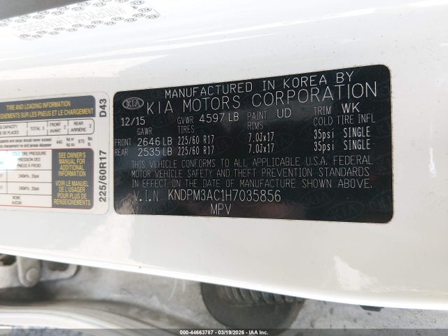 Aukcja sprzedaży 2017 Kia Sportage Lx, vin: KNDPM3AC1H7035856, numer aukcji: 44663787