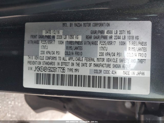 44663796 :رقم المزاد ، JM3KE4BY9G0917735 vin ، 2016 Mazda Cx-5 Sport مزاد بيع
