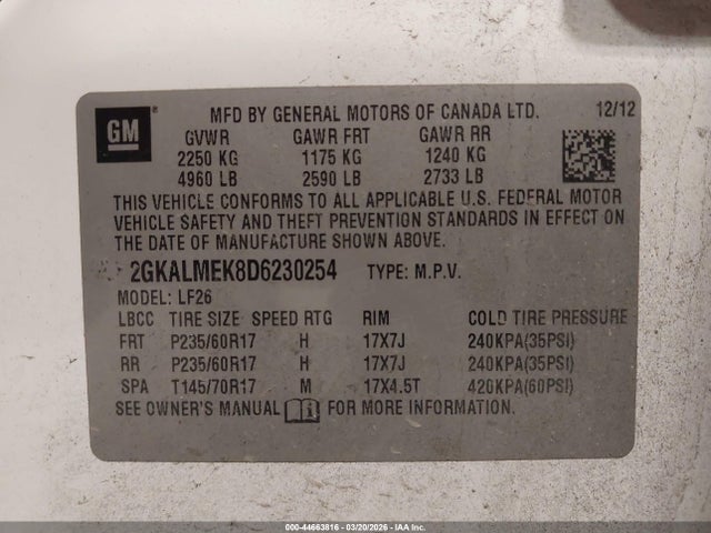 Продажа на аукционе авто 2013 Gmc Terrain Sle-1, vin: 2GKALMEK8D6230254, номер лота: 44663816