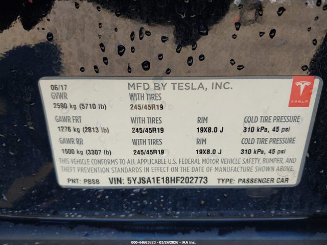 Продаж на аукціоні авто 2017 Tesla Model S 60/75, vin: 5YJSA1E18HF202773, номер лоту: 44663823