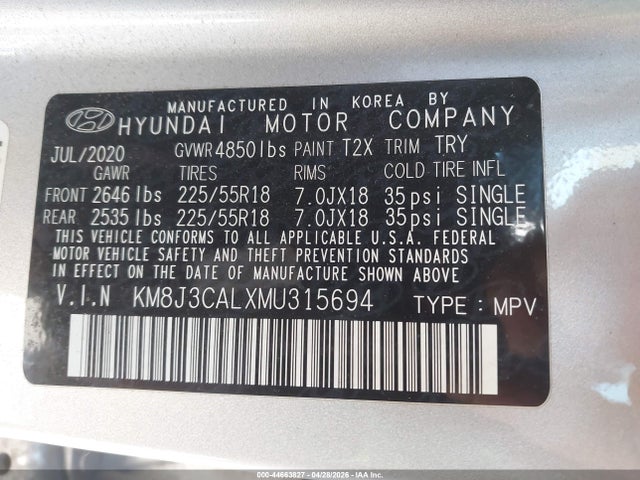 Aukcja sprzedaży 2021 Hyundai Tucson Ultimate, vin: KM8J3CALXMU315694, numer aukcji: 44663827