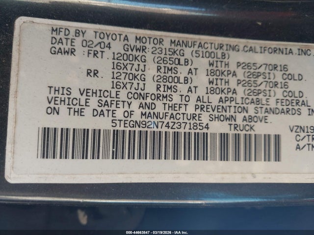 2004 TOYOTA TACOMA 5TEGN92N74Z371854 Photo 8