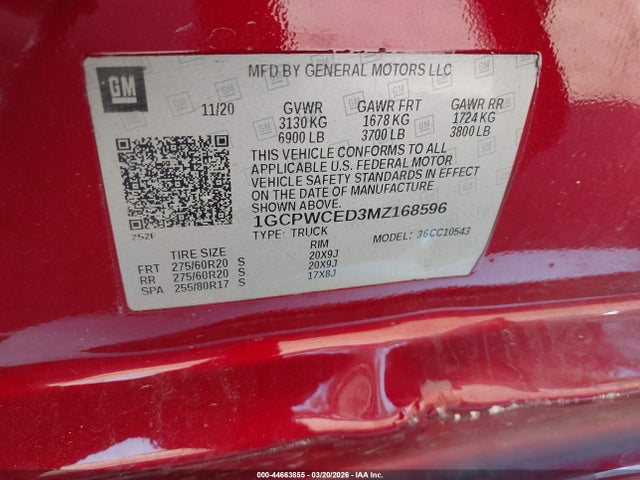 Aukcja sprzedaży 2021 Chevrolet Silverado C1500 Lt, vin: 1GCPWCED3MZ168596, numer aukcji: 44663855