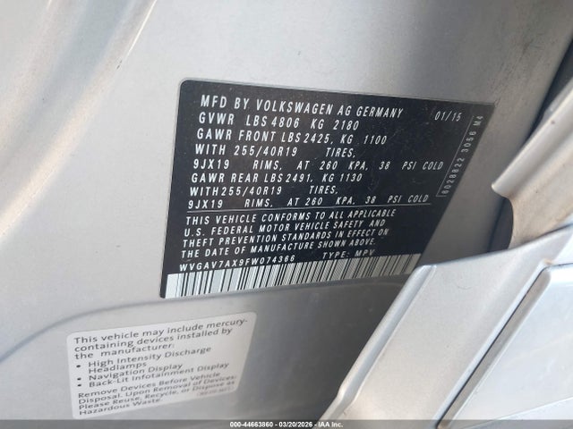 Aukcja sprzedaży 2015 Volkswagen Tiguan R-line, vin: WVGAV7AX9FW074366, numer aukcji: 44663860