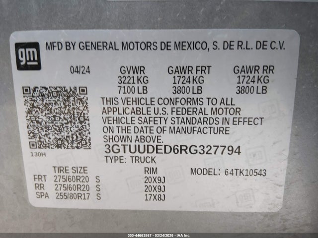 44663867 :رقم المزاد ، 3GTUUDED6RG327794 vin ، 2024 Gmc Sierra 1500 4wd  Short Box Slt مزاد بيع