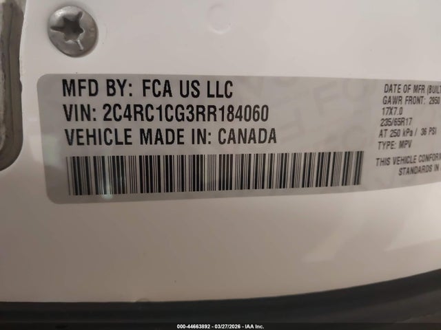 44663892 :رقم المزاد ، 2C4RC1CG3RR184060 vin ، 2024 Chrysler Voyager Lx مزاد بيع