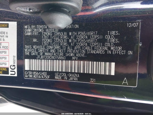 44663895 :رقم المزاد ، JTJBT20X280158860 vin ، 2008 Lexus Gx 470 مزاد بيع