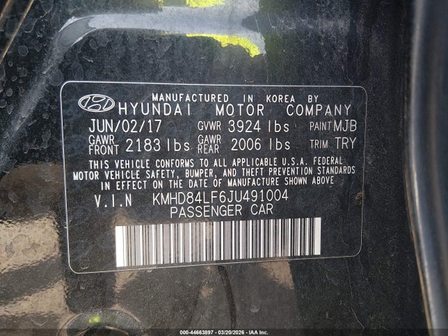 44663897 :رقم المزاد ، KMHD84LF6JU491004 vin ، 2018 Hyundai Elantra Sel مزاد بيع
