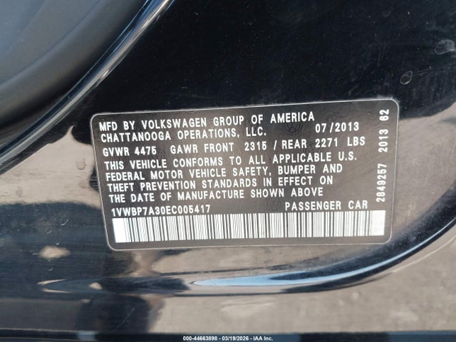 Aukcja sprzedaży 2014 Volkswagen Passat 2.5l Se, vin: 1VWBP7A30EC005417, numer aukcji: 44663898