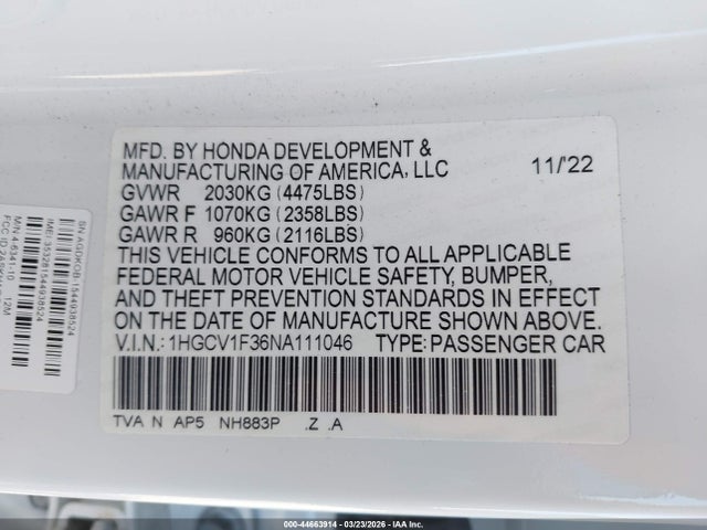 1HGCV1F36NA111046 Honda Accord Sport
