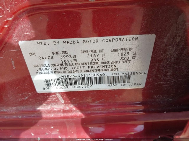 Aukcja sprzedaży 2008 Mazda Mazda3 S Touring, vin: JM1BK343981150560, numer aukcji: 44663924
