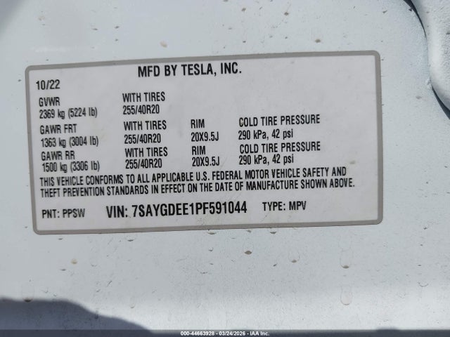 7SAYGDEE1PF591044 Tesla Model Y Awd/long Range Dual Motor All-wheel Drive