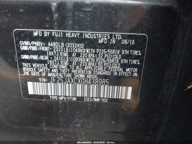 Aukcja sprzedaży 2016 Subaru Forester 2.5i Touring, vin: JF2SJAXCXGH438985, numer aukcji: 44663930