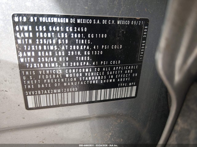 Aukcja sprzedaży 2021 Volkswagen Tiguan 2.0t Se/2.0t Se R-line Black/2.0t Sel, vin: 3VV2B7AX2MM128669, numer aukcji: 44663931