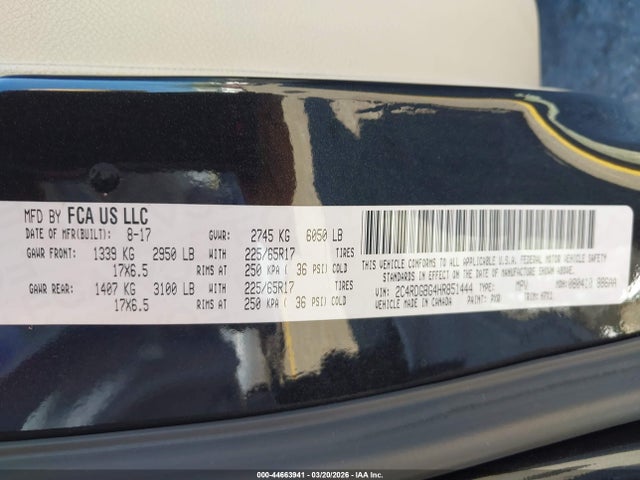44663941 :رقم المزاد ، 2C4RDGBG4HR851444 vin ، 2017 Dodge Grand Caravan Se مزاد بيع
