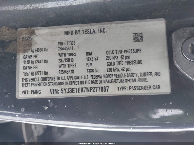 Продаж на аукціоні авто 2022 Tesla Model 3 Long Range Dual Motor All-wheel Drive, vin: 5YJ3E1EB7NF277087, номер лоту: 44663967