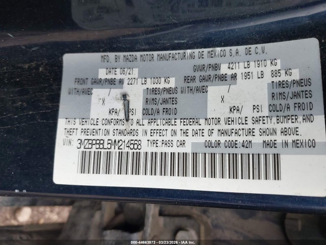 2021 Mazda Mazda3 მანქანა იყიდება აუქციონზე, vin: 3MZBPBBL5MM214568, აუქციონის ნომერი: 44663973