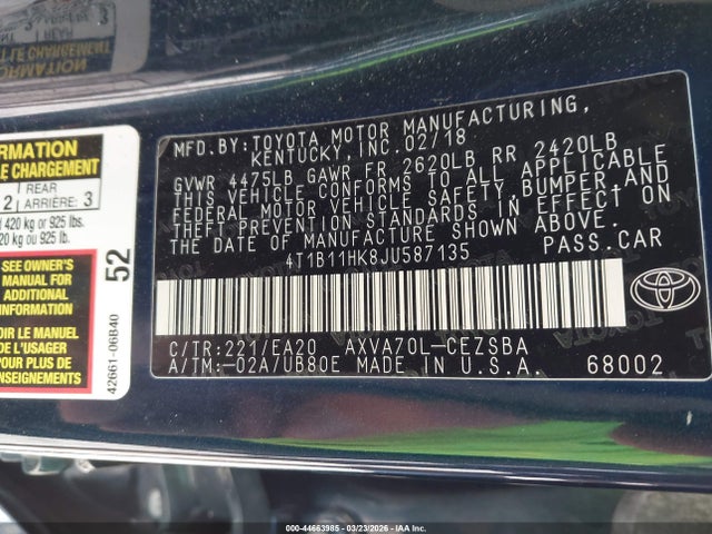 4T1B11HK8JU587135 Toyota CAMRY SE