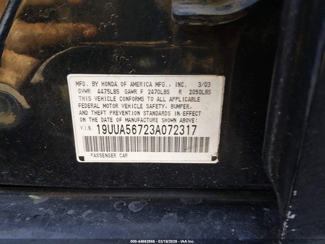 Продажа на аукционе авто 2003 Acura Tl 3.2, vin: 19UUA56723A072317, номер лота: 44663986