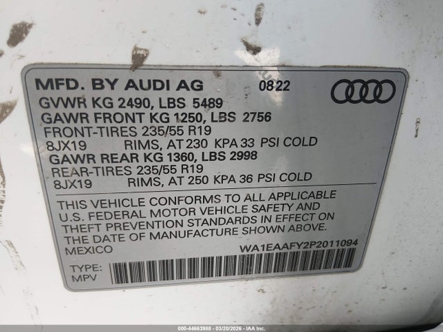 Aukcja sprzedaży 2023 Audi Q5 Premium Plus 45 Tfsi S Line Quattro, vin: WA1EAAFY2P2011094, numer aukcji: 44663988