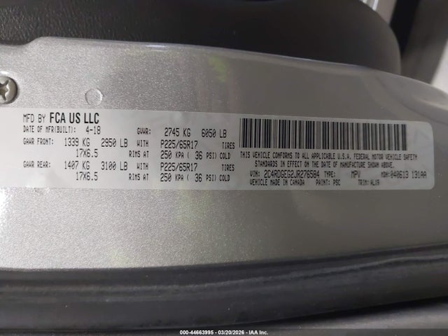 44663995 :رقم المزاد ، 2C4RDGEG2JR276584 vin ، 2018 Dodge Grand Caravan Gt مزاد بيع