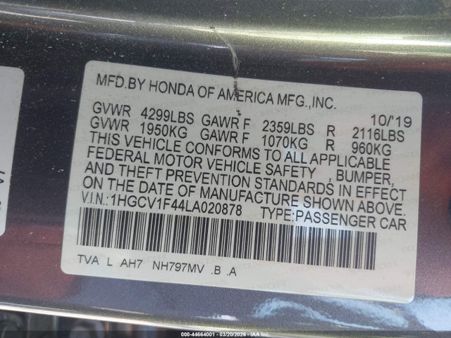 1HGCV1F44LA020878 Honda ACCORD EX