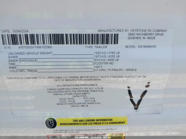 44664002 :رقم المزاد ، 4YDTSGG17SW102360 vin ، 2025 Keystone Springdale Mini Seri مزاد بيع