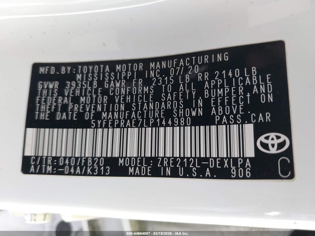 Toyota COROLLA LE 2020 5YFEPRAE7LP144980 Image 9