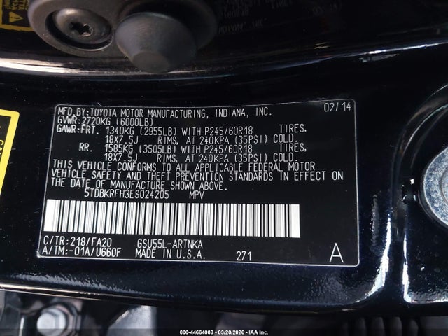 Toyota Highlander Le Plus V6 2014 5TDBKRFH3ES024205 Image 9