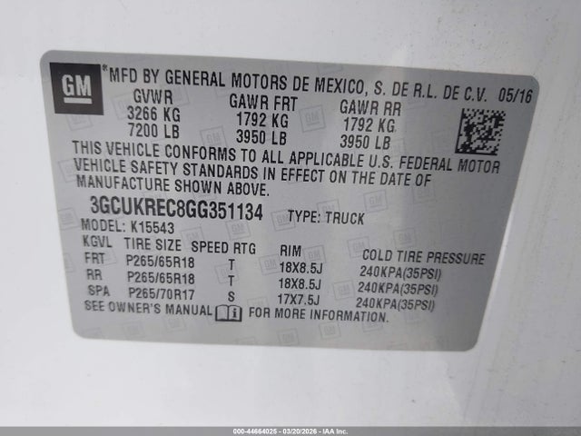 44664025 :رقم المزاد ، 3GCUKREC8GG351134 vin ، 2016 Chevrolet Silverado 1500 2lt مزاد بيع