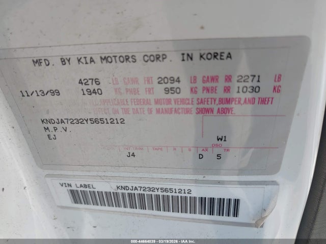 Aukcja sprzedaży 2000 Kia Sportage Ex, vin: KNDJA7232Y5651212, numer aukcji: 44664039