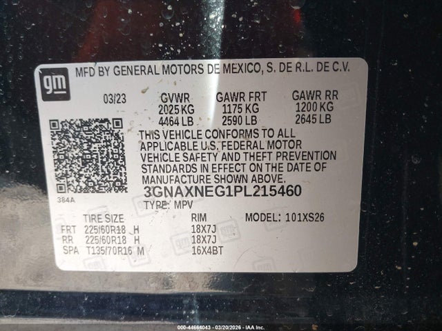 2023 Chevrolet Equinox Fwd Premier მანქანა იყიდება აუქციონზე, vin: 3GNAXNEG1PL215460, აუქციონის ნომერი: 44664043