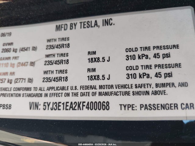 2019 TESLA MODEL 3 5YJ3E1EA2KF400068 Photo 8