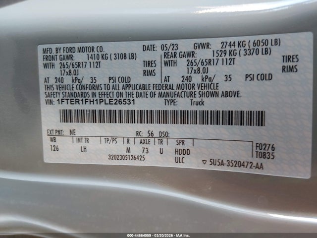 Aukcja sprzedaży 2023 Ford Ranger Xlt, vin: 1FTER1FH1PLE26531, numer aukcji: 44664059