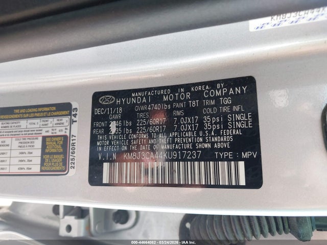 Aukcja sprzedaży 2019 Hyundai Tucson Value, vin: KM8J3CA44KU917237, numer aukcji: 44664082