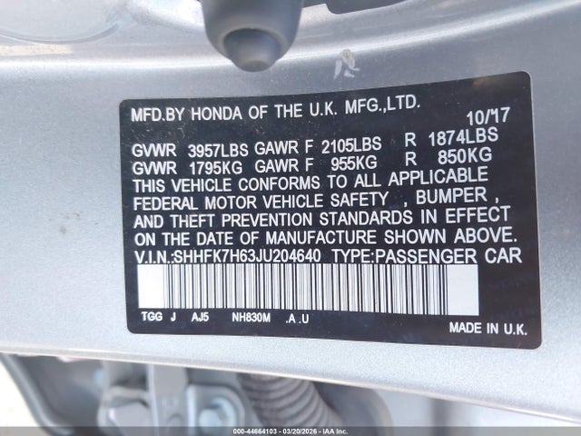 Aukcja sprzedaży 2018 Honda Civic Ex, vin: SHHFK7H63JU204640, numer aukcji: 44664103