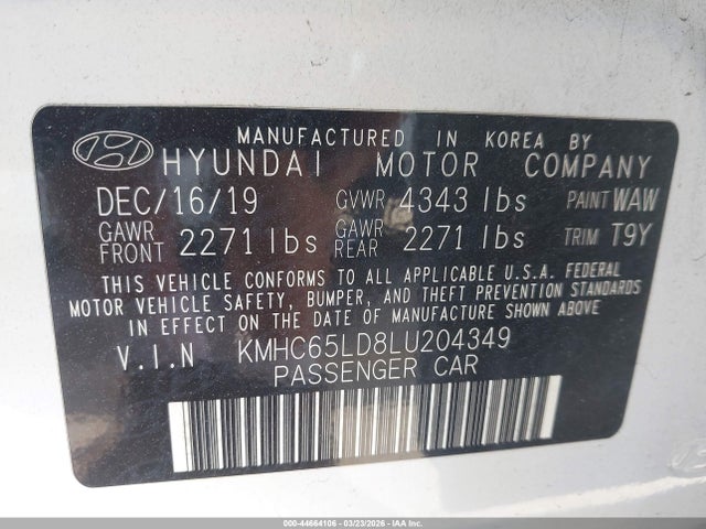 Aukcja sprzedaży 2020 Hyundai Ioniq Plug-in Hybrid Se, vin: KMHC65LD8LU204349, numer aukcji: 44664106