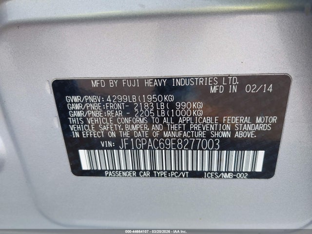 Aukcja sprzedaży 2014 Subaru Impreza 2.0i Premium, vin: JF1GPAC69E8277003, numer aukcji: 44664107