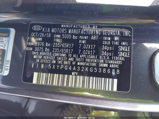 2019 KIA SORENTO 5XYPG4A32KG538688 Photo 8