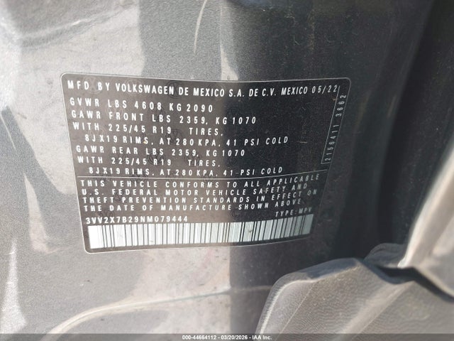 Aukcja sprzedaży 2022 Volkswagen Taos 1.5t Sel, vin: 3VV2X7B29NM079444, numer aukcji: 44664112