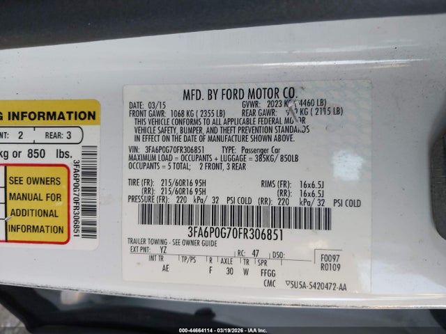 Aukcja sprzedaży 2015 Ford Fusion S, vin: 3FA6P0G70FR306851, numer aukcji: 44664114