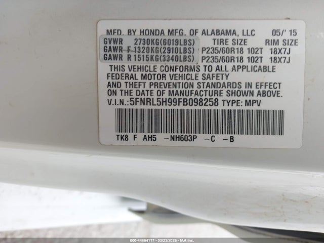 2015 HONDA ODYSSEY 5FNRL5H99FB098258 Photo 8