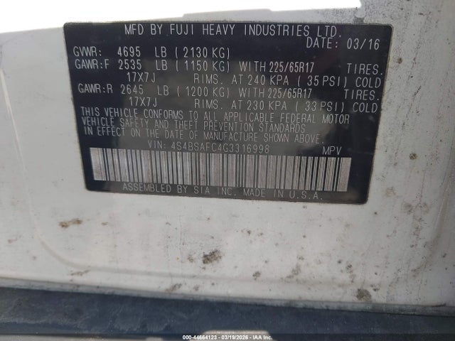 Продаж на аукціоні авто 2016 Subaru Outback 2.5i Premium, vin: 4S4BSAFC4G3316998, номер лоту: 44664123