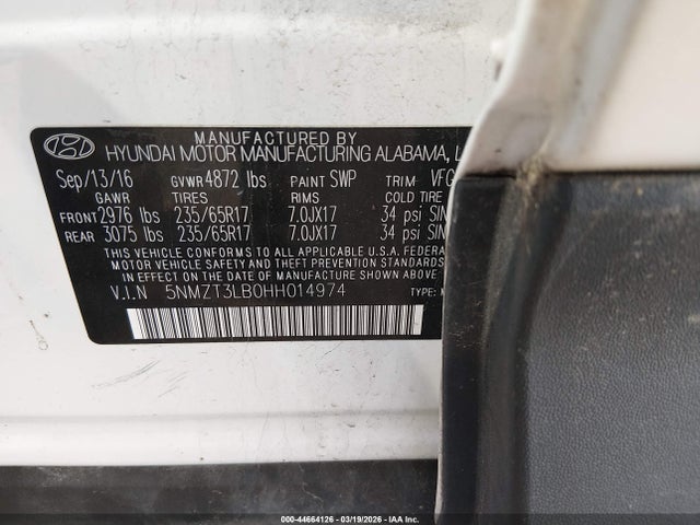Aukcja sprzedaży 2017 Hyundai Santa Fe Sport 2.4l, vin: 5NMZT3LB0HH014974, numer aukcji: 44664126