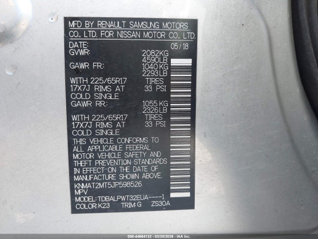 44664132 :رقم المزاد ، KNMAT2MT5JP598526 vin ، 2018 Nissan Rogue S مزاد بيع