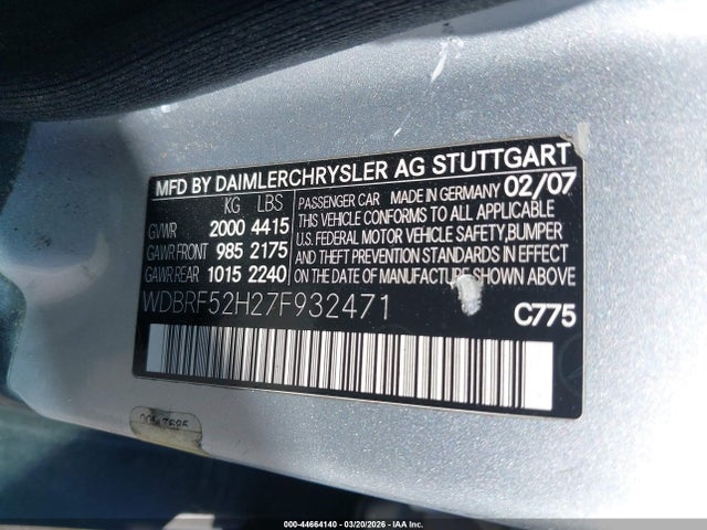 44664140 :رقم المزاد ، WDBRF52H27F932471 vin ، 2007 Mercedes-benz C 230 Sport مزاد بيع
